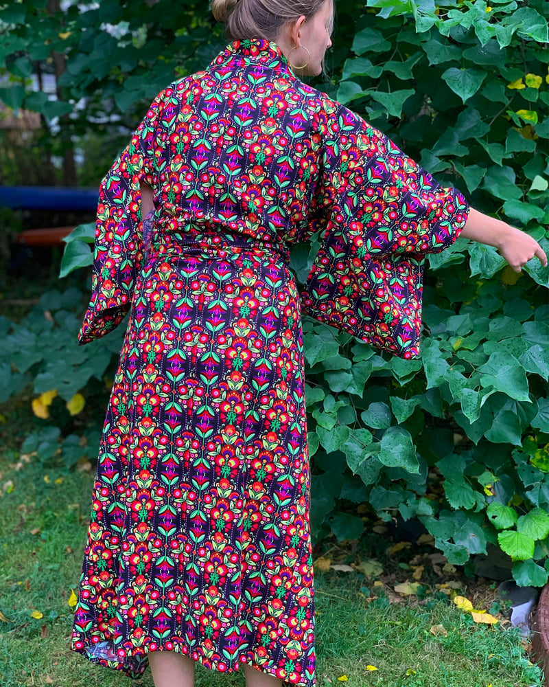 KIMONO ROBE - BLACK & MULTI COLORED FLOWERS