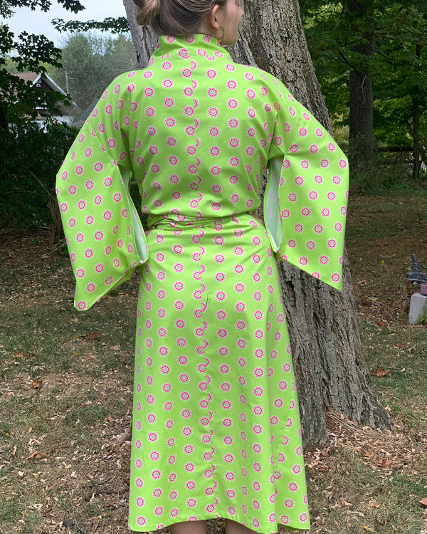 KIMONO ROBE - CHARTREUSE & PINK FLOWERS