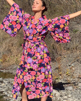 KIMONO ROBE - NAVY & PINK FLOWERS