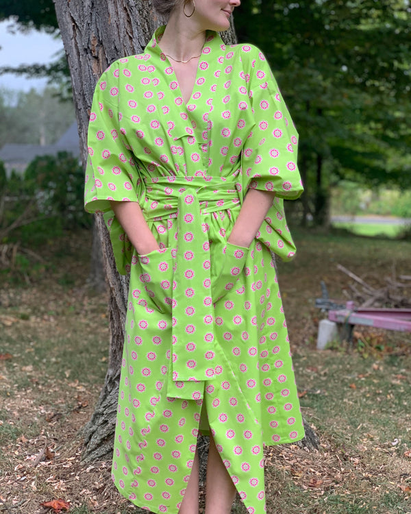 KIMONO ROBE - CHARTREUSE & PINK FLOWERS